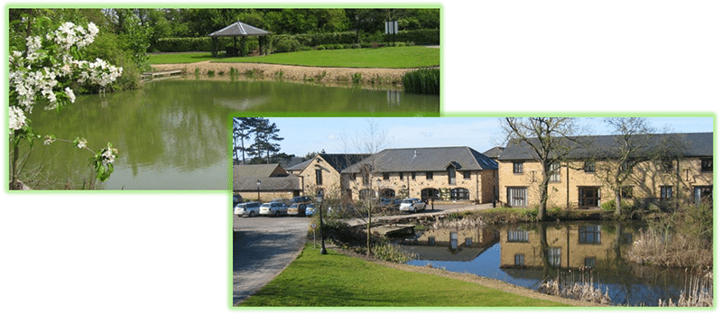Views of the Blisworth Hill Rural Business Park by the pond