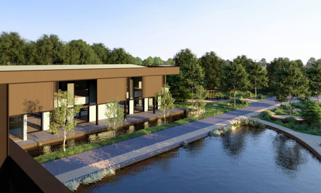 Modern office buildings with water feature and landscaped gardens in Blisworth.