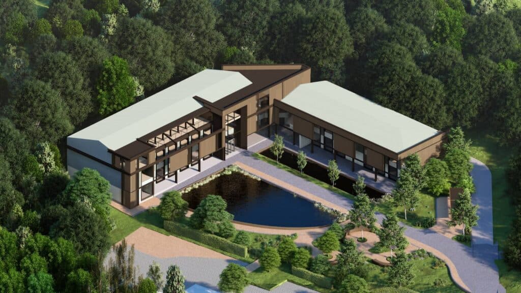 Aerial view of Blisworth new office development surrounded by greenery.